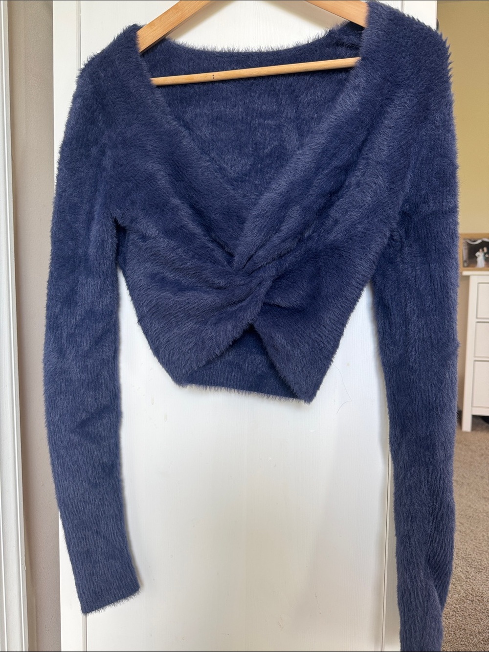 aerie Navy Blue Fuzzy Twist-Front Long Sleeve Top
